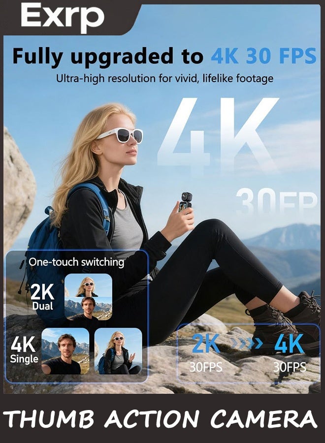 Exrp كاميرا العمل الإبهام ، كاميرا الجسم 4K ، حجم صغير ، كاميرا العمل المحمولة مزدوجة العدسة HD 180 درجة تدور ، كاميرا الجسم الصغيرة مع واي فاي ، Vlogging المحمولة ، لركوب الدراجات المشي لمسافات طويلة في الهواء الطلق ، 32 جيجا بايت متضمنة - Image 3